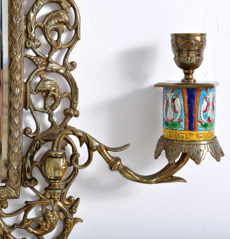 Antique Neoclassical French Brass Wall Mirror with Candle Sconces, circa 1890