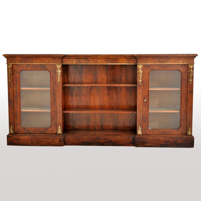 Antique English Burl Walnut Long Inlaid Ormolu Bookcase / Buffet / Sideboard, circa 1870