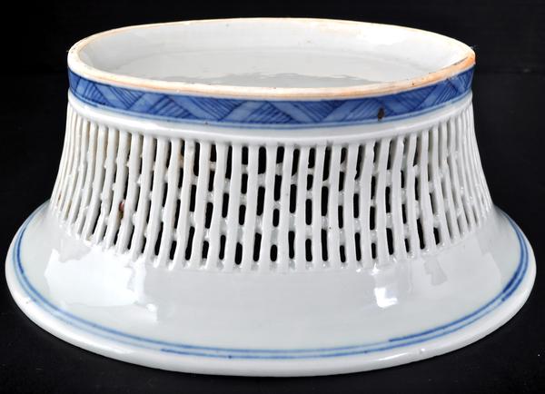 Antique Chinese Qing Dynasty Blue & White Reticulated Serving Bowl and Underplate, Circa 1800