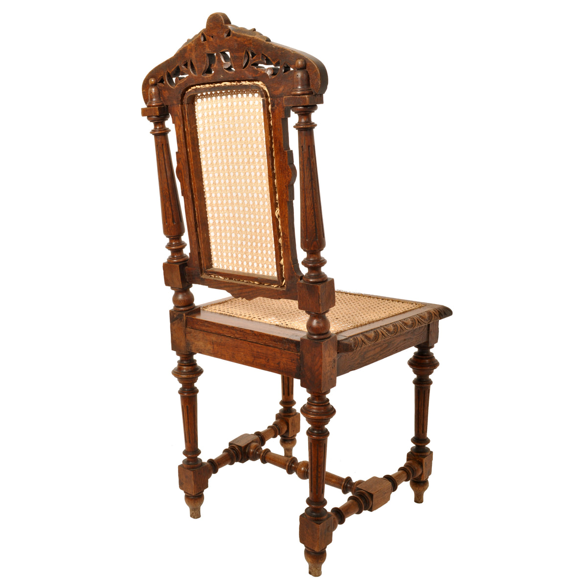 Set of Six Antique French Provincial Henri II Carved Oak & Caned Dining Chairs, circa 1880