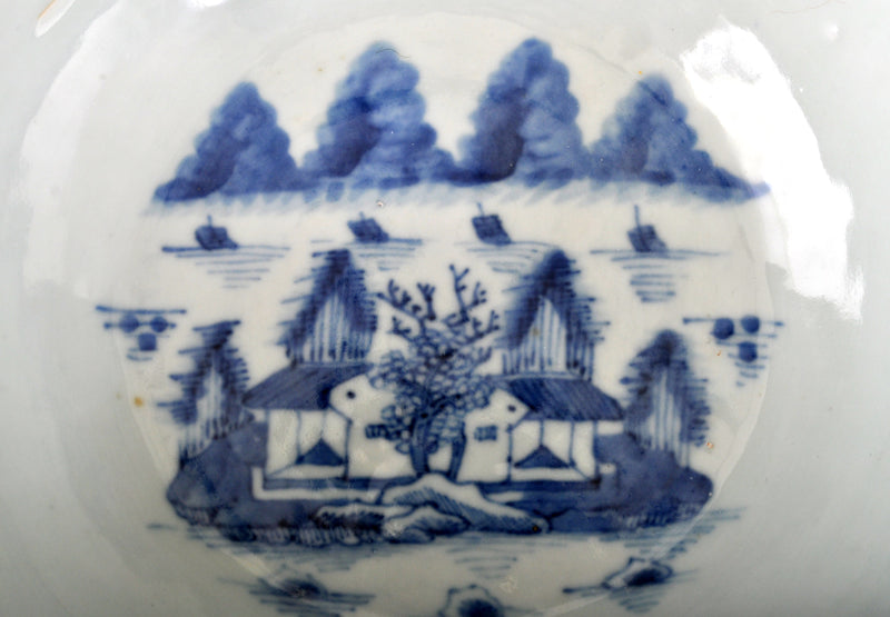 Antique Chinese Qing Dynasty Canton Blue & White Porcelain Bowl, Circa 1820