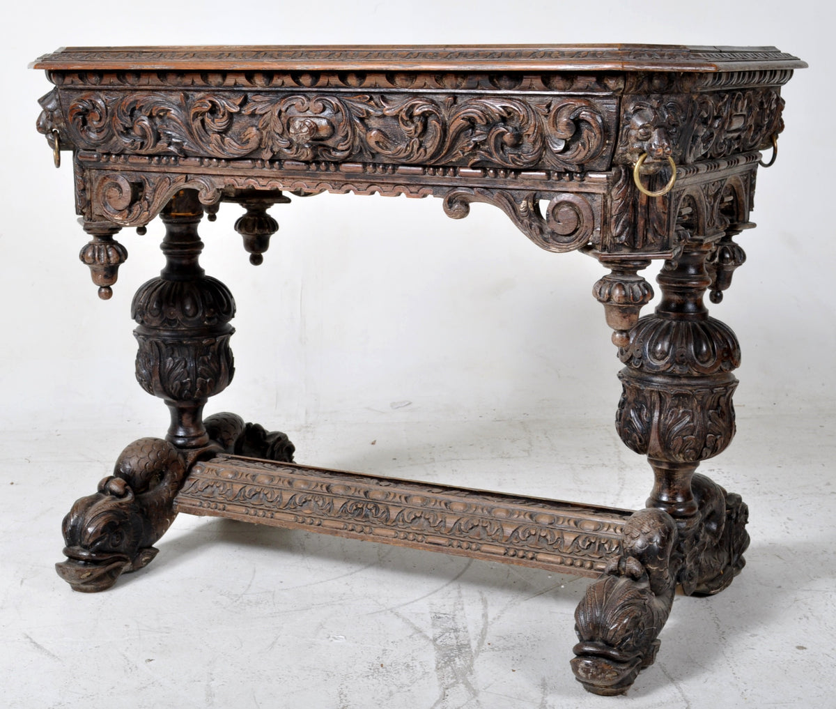 Antique French Baroque Style Carved Library Table, Circa 1880