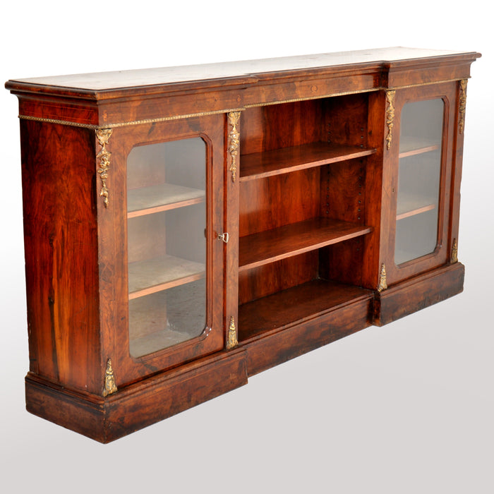 Antique English Burl Walnut Long Inlaid Ormolu Bookcase / Buffet / Sideboard, circa 1870