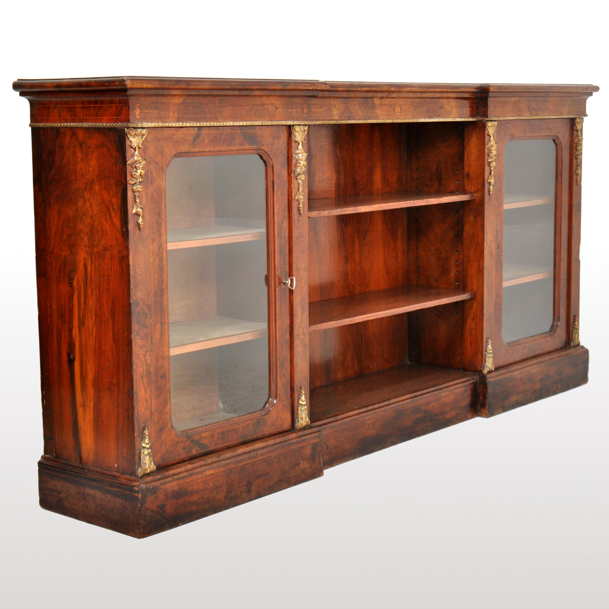 Antique English Burl Walnut Long Inlaid Ormolu Bookcase / Buffet / Sideboard, circa 1870