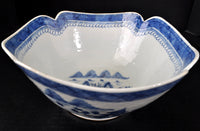 Antique Chinese Qing Dynasty Canton Blue & White Porcelain Bowl, Circa 1820