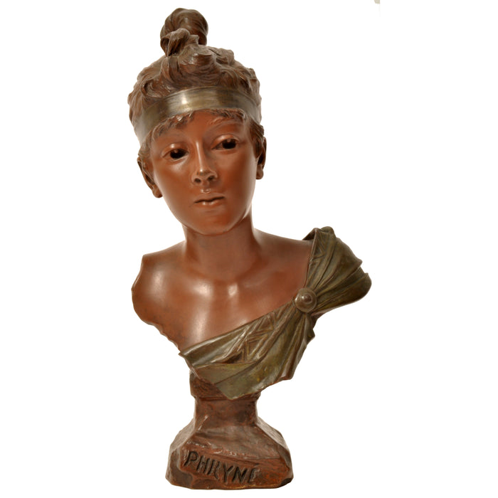 Antique French Art Nouveau Bronze Female Bust "Phryne" Emanuel Villanis Circa 1900