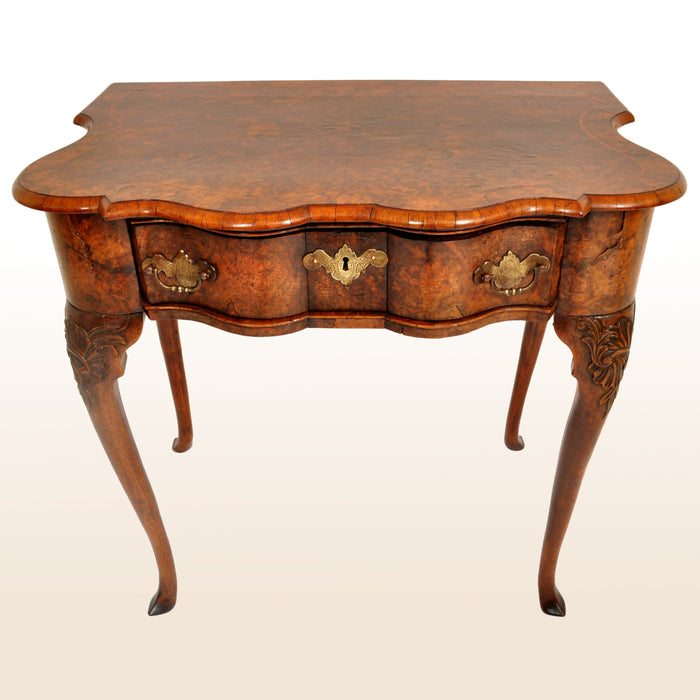 Antique Queen Anne Serpentine Burl Yew & Walnut Inlaid Side Table / Lowboy, circa 1710