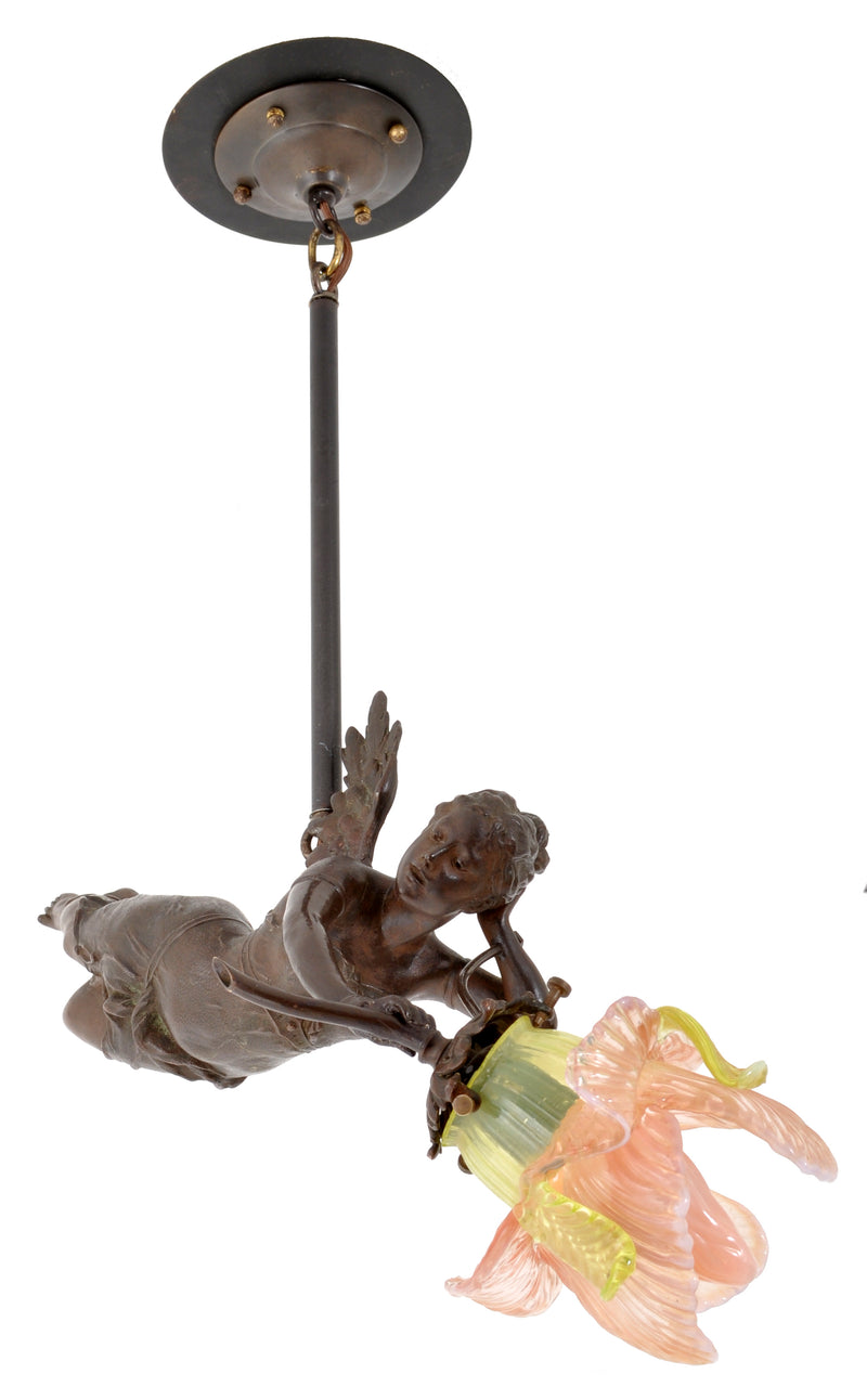 Antique French Bronze Art Nouveau Flying Maiden Chandelier / Light / Lamp, circa 1900