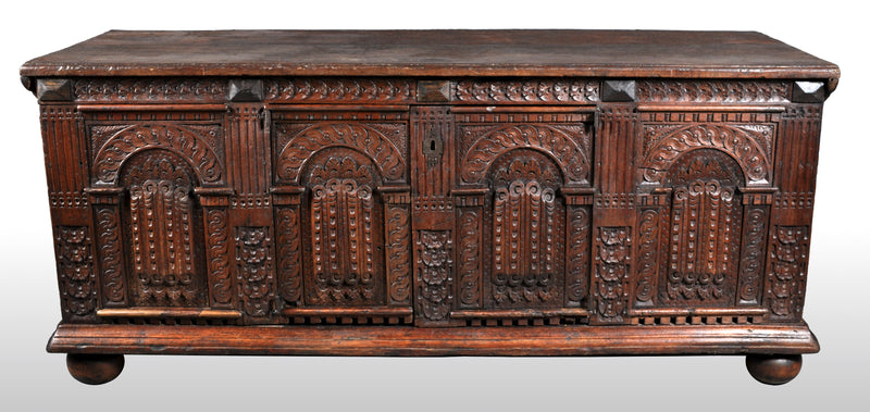 Antique Italian Baroque Carved Oak Paneled Cassone / Coffer / Chest, circa 1700