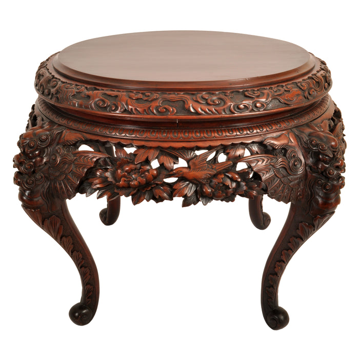 Antique Chinese Qing Dynasty Carved Elm Center Table with Bats & Birds, circa 1890