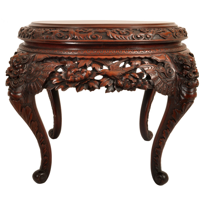 Antique Chinese Qing Dynasty Carved Elm Center Table with Bats & Birds, circa 1890