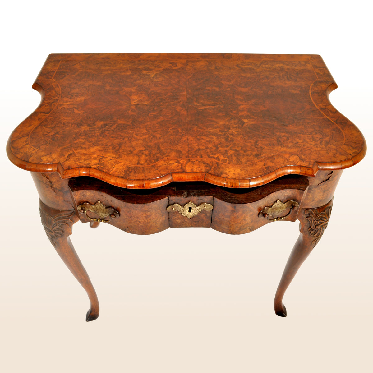 Antique Queen Anne Serpentine Burl Yew & Walnut Inlaid Side Table / Lowboy, circa 1710