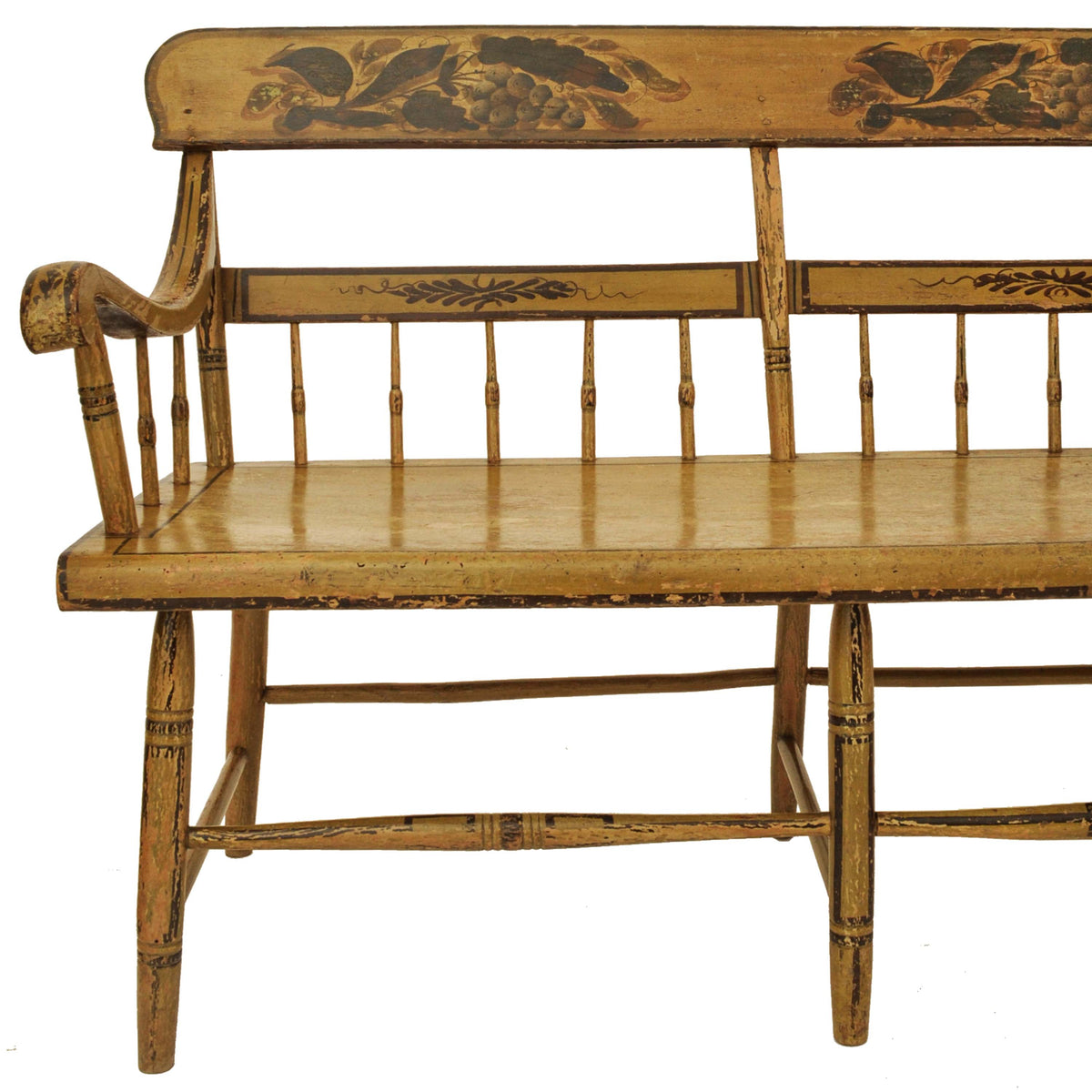 Antique American Colonial Federal Baltimore Painted Spindled Windsor Bench, circa 1820