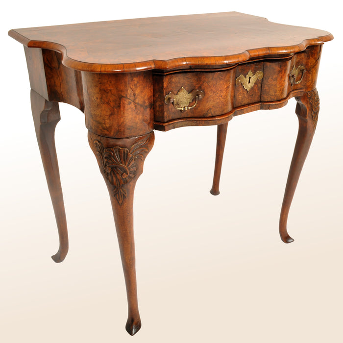 Antique Queen Anne Serpentine Burl Yew & Walnut Inlaid Side Table / Lowboy, circa 1710