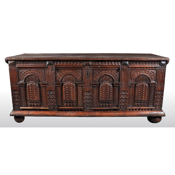 Antique Italian Baroque Carved Oak Paneled Cassone / Coffer / Chest, circa 1700