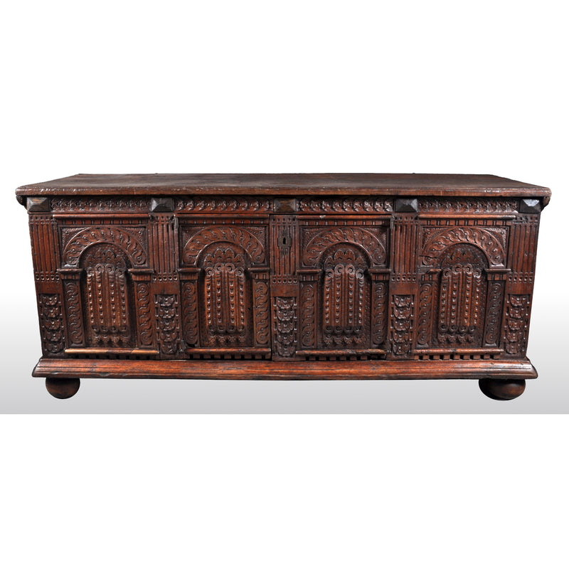 Antique Italian Baroque Carved Oak Paneled Cassone / Coffer / Chest, circa 1700