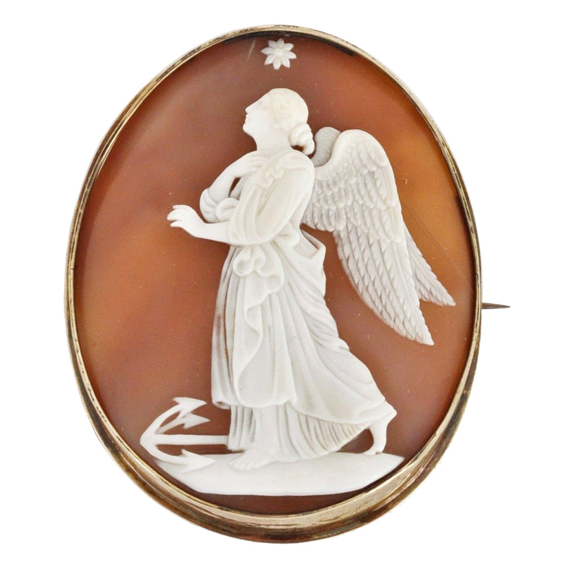 Antique American Carved Shell & 18k Gold Angel of Hope Cameo/Brooch, 1851