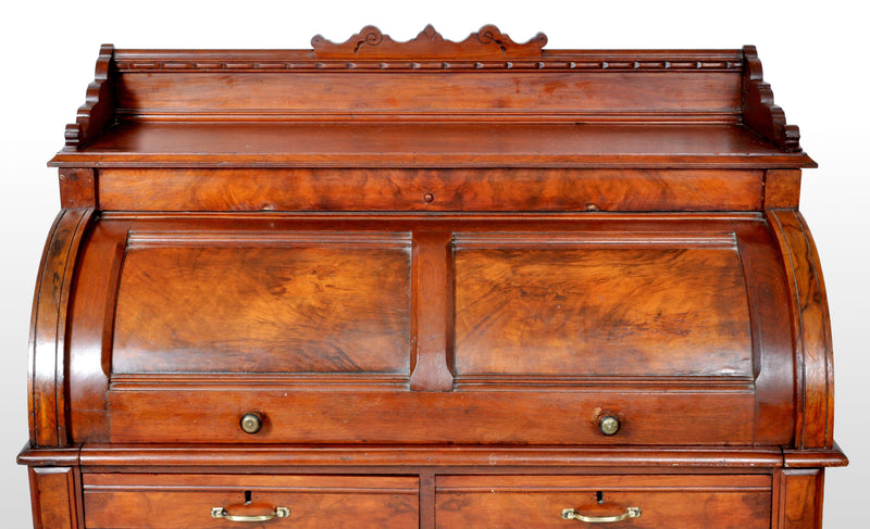 Antique American Victorian Eastlake Walnut Cylinder Roll-Top Desk / Secretary, 1875