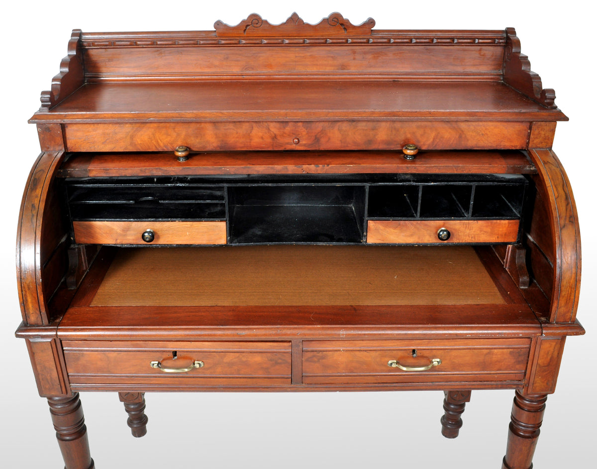 Antique American Victorian Eastlake Walnut Cylinder Roll-Top Desk / Secretary, 1875