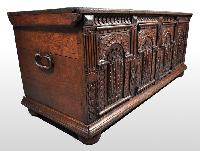 Antique Italian Baroque Carved Oak Paneled Cassone / Coffer / Chest, circa 1700