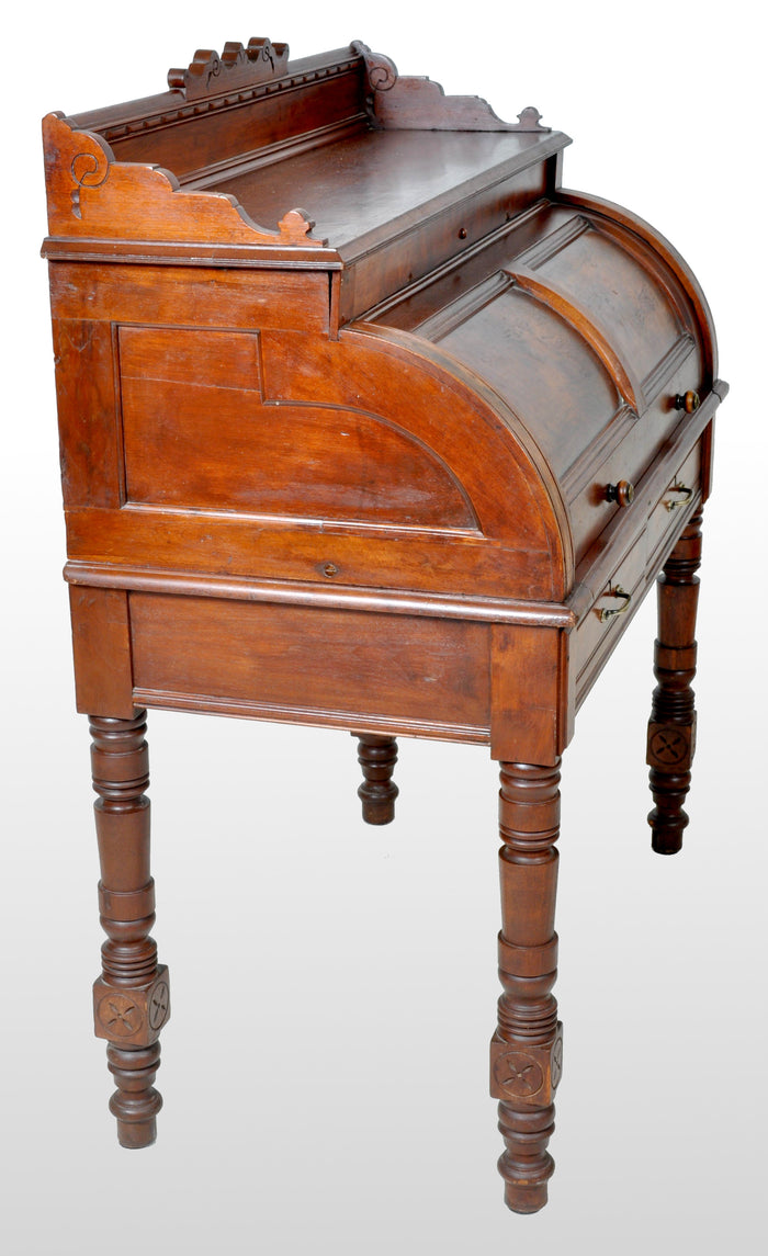 Antique American Victorian Eastlake Walnut Cylinder Roll-Top Desk / Secretary, 1875
