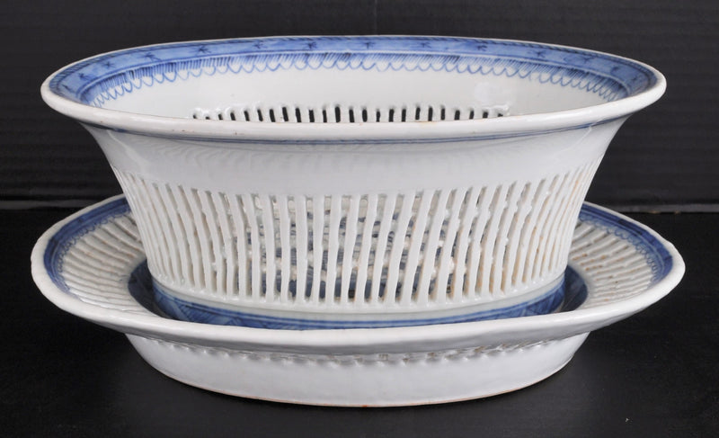 Antique Chinese Qing Dynasty Blue & White Reticulated Serving Bowl and Underplate, Circa 1800