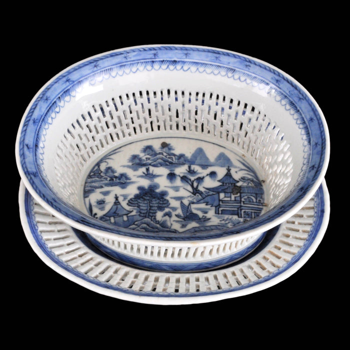 Antique Chinese Qing Dynasty Blue & White Reticulated Serving Bowl and Underplate, Circa 1800
