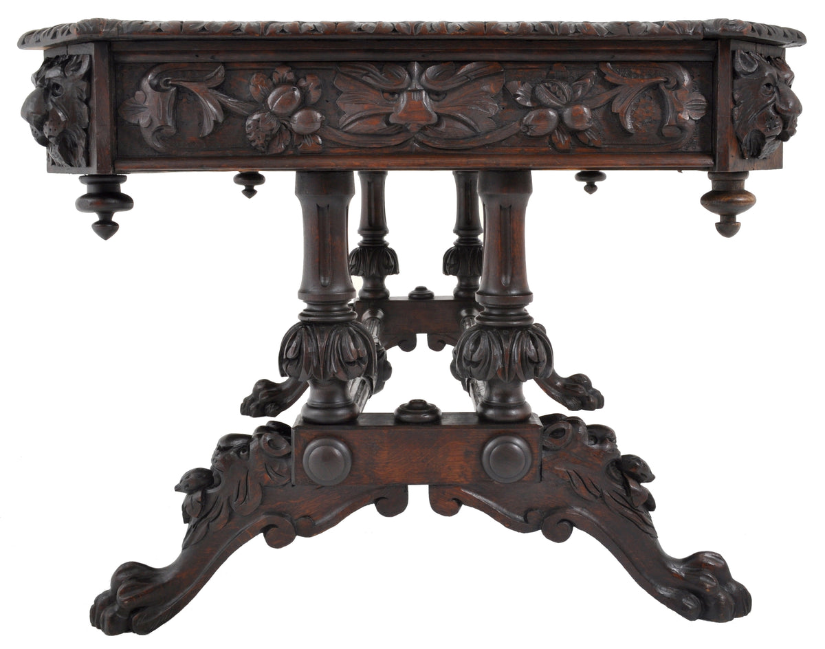 Antique 19th Century French Carved Oak Library Table, Circa 1860