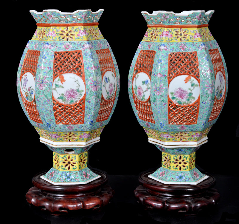 Pair of Antique Chinese Qing Dynasty Imperial Porcelain Wedding Lanterns / Vases, circa 1820