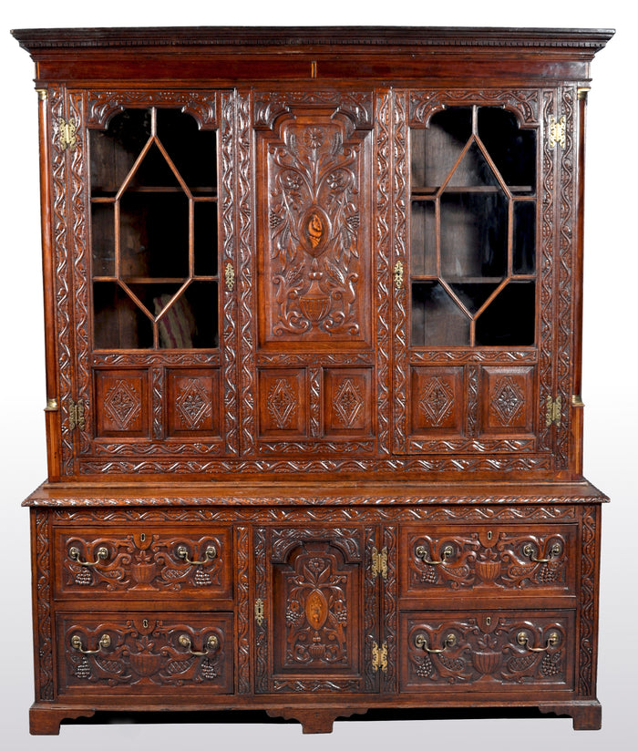 Antique English Georgian Carved Oak Bookcase / Cupboard / Dresser, circa 1750