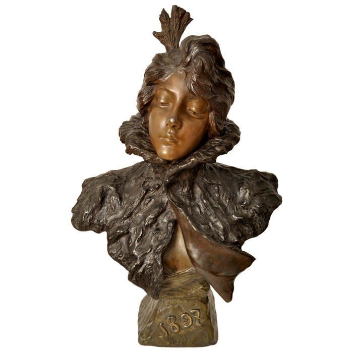 Antique French Art Nouveau Bronze Female Bust Sculpture "1897" Emanuel Villanis