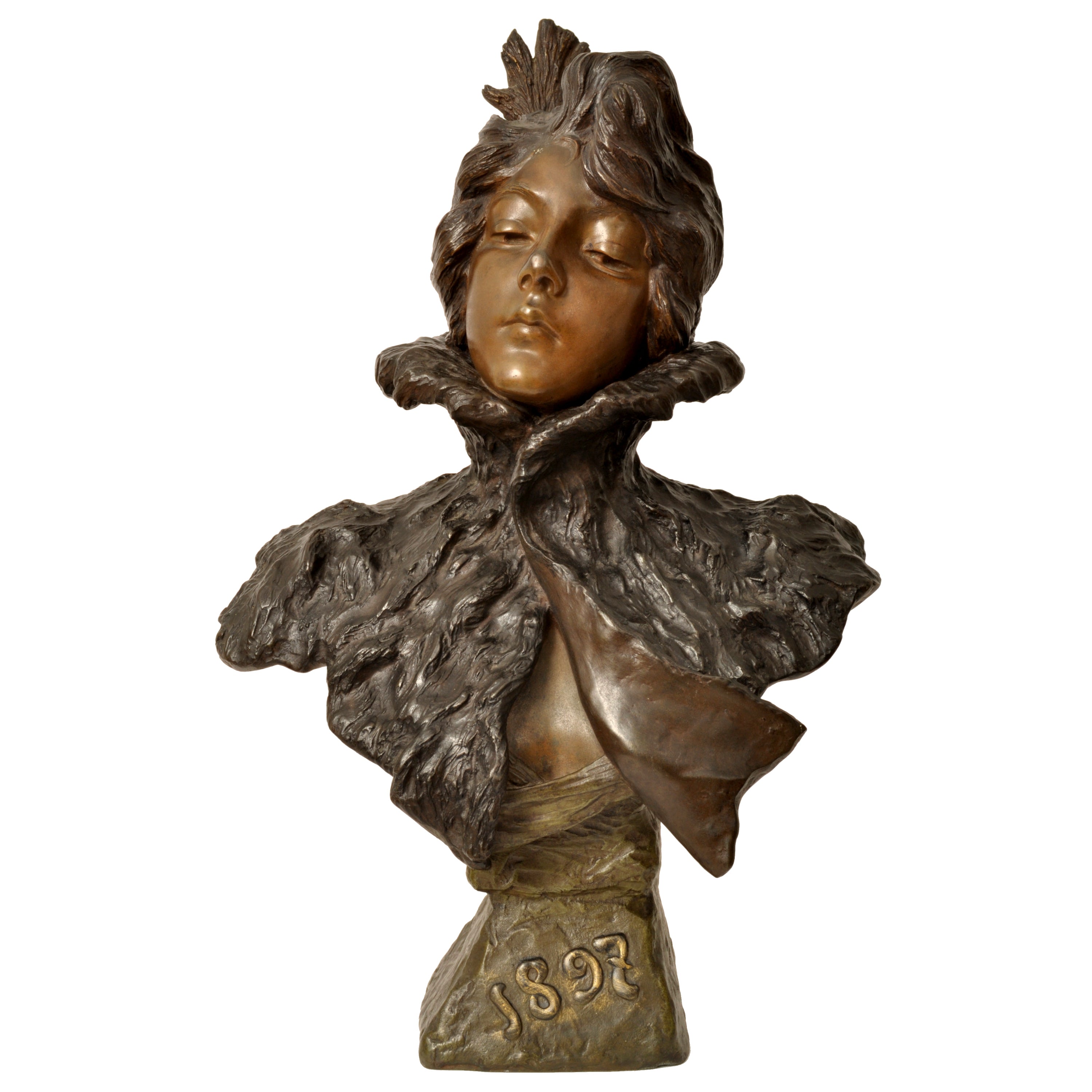 Antique French Art Nouveau Bronze Female Bust Sculpture 