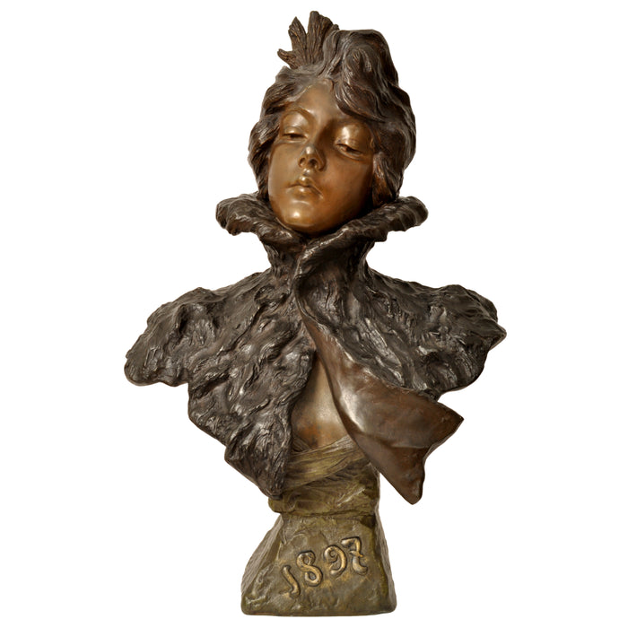 Antique French Art Nouveau Bronze Female Bust Sculpture "1897" Emanuel Villanis