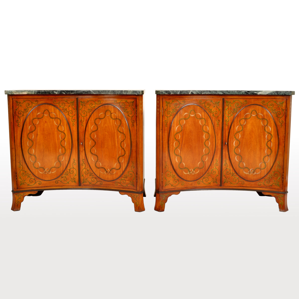 Pair of Antique Marble Top Painted Adam Revival Satinwood Commodes / Cabinets, circa 1880