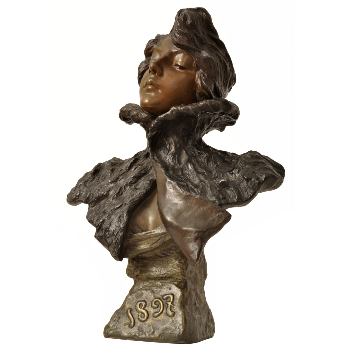 Antique French Art Nouveau Bronze Female Bust Sculpture "1897" Emanuel Villanis