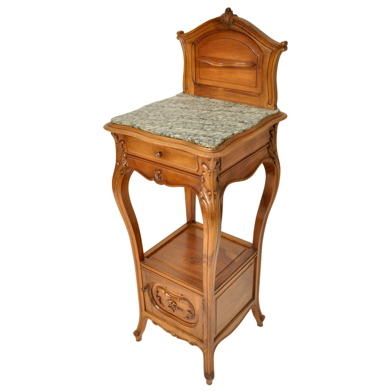 Antique French Provincial Art Nouveau Walnut & Marble Nightstand Side Table circa 1900