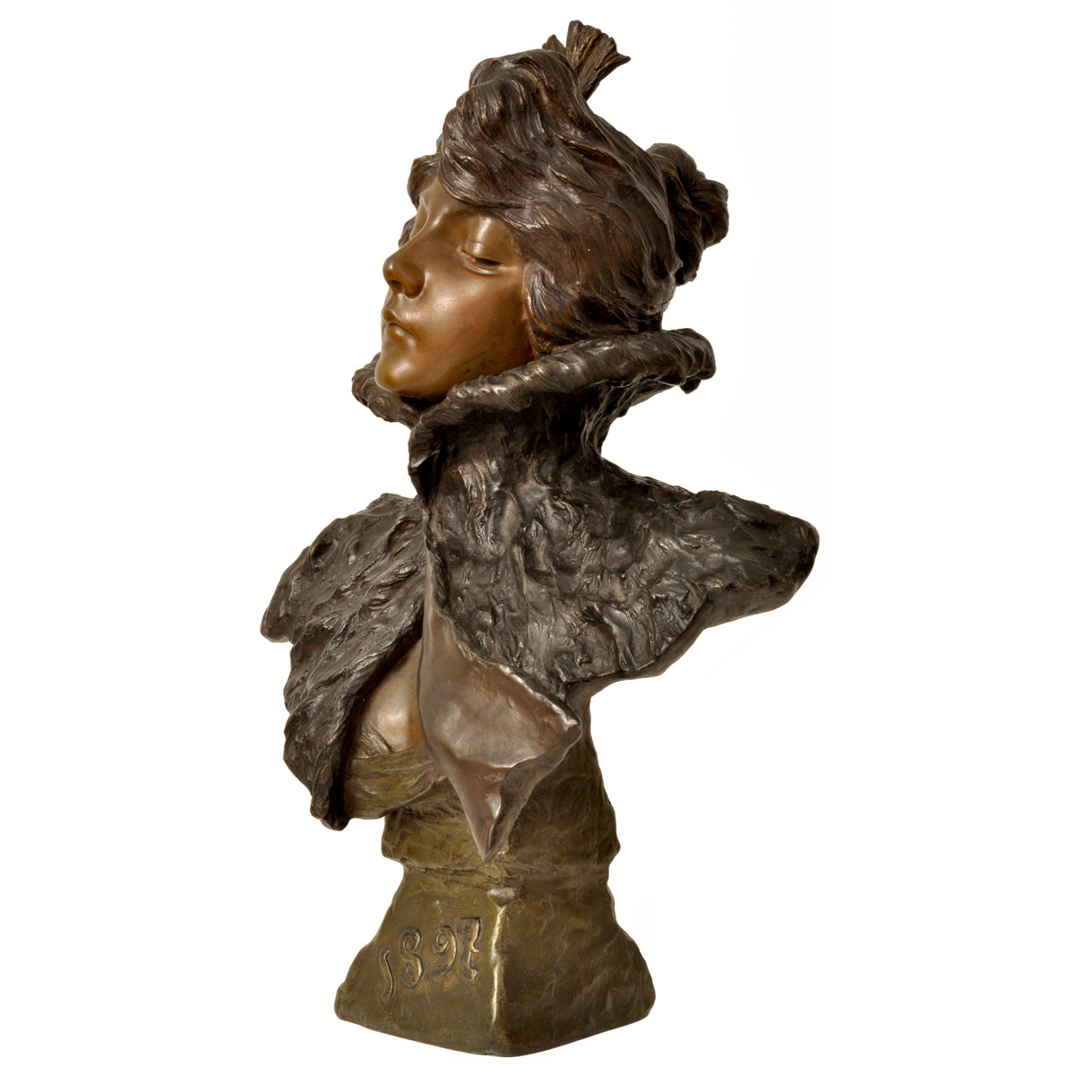 Antique French Art Nouveau Bronze Female Bust Sculpture "1897" Emanuel Villanis