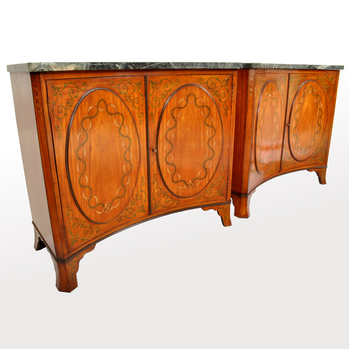 Pair of Antique Marble Top Painted Adam Revival Satinwood Commodes / Cabinets, circa 1880