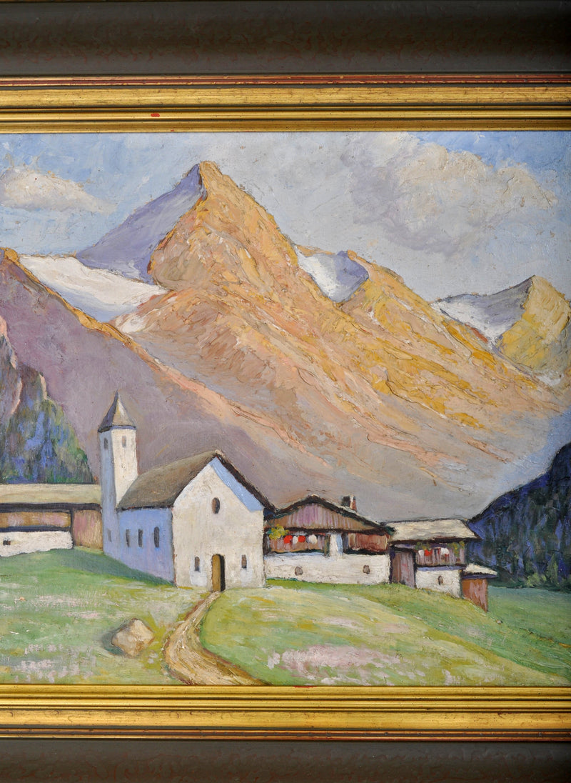 Antique Oil on Board Painting of a Swiss Chalet Mountain Landscape Scene, Circa 1900