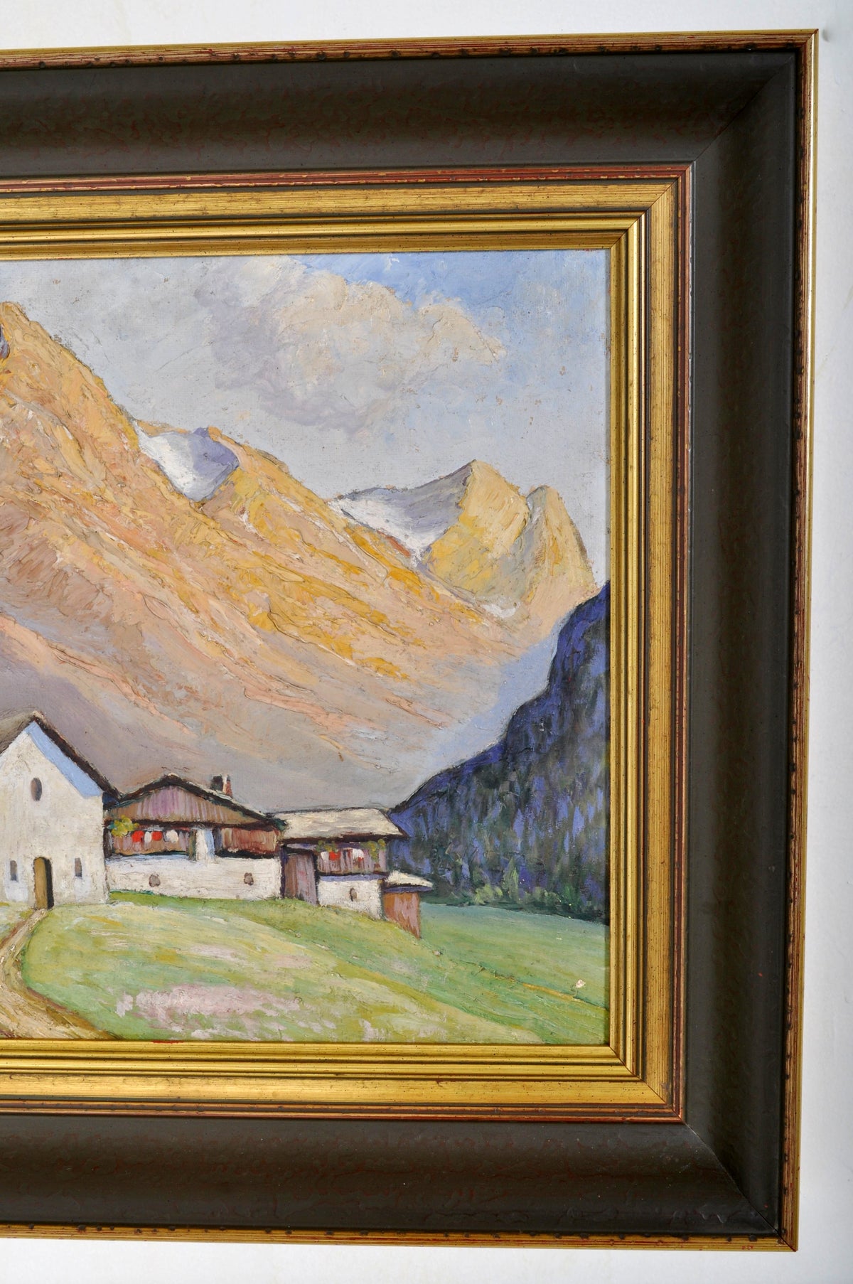 Antique Oil on Board Painting of a Swiss Chalet Mountain Landscape Scene, Circa 1900
