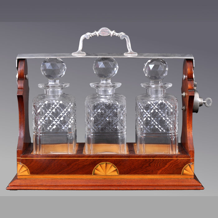 Antique English Sheraton Inlaid Mahogany Edwardian Silver-Plated Tantalus, circa 1890