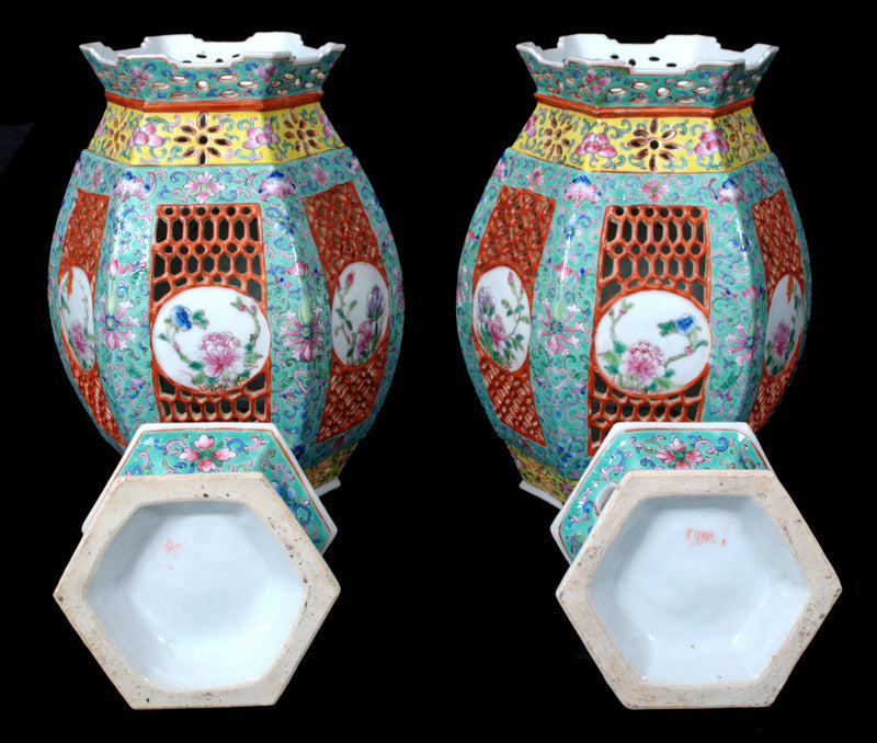 Pair of Antique Chinese Qing Dynasty Imperial Porcelain Wedding Lanterns / Vases, circa 1820