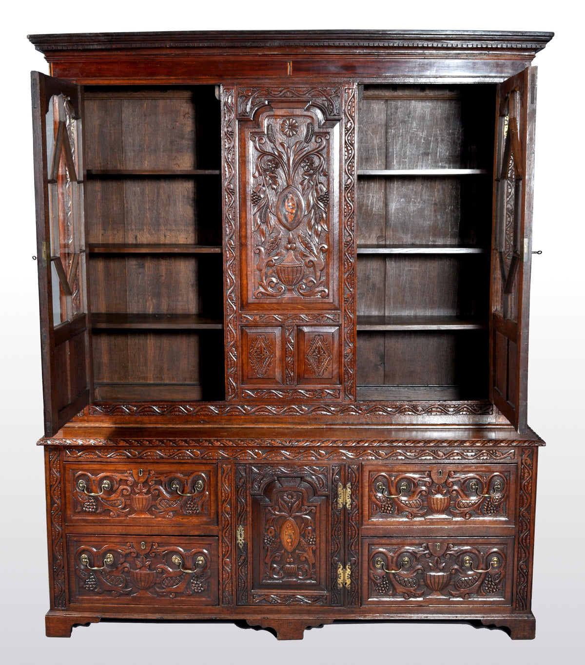 Antique English Georgian Carved Oak Bookcase / Cupboard / Dresser, circa 1750