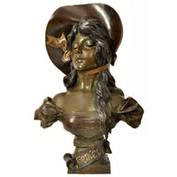 Antique French Art Nouveau Bronze Female Bust "Frinétte" Emanuel Villanis Circa 1895