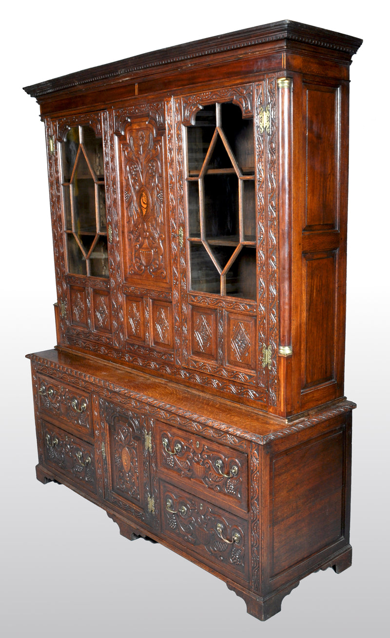 Antique English Georgian Carved Oak Bookcase / Cupboard / Dresser, circa 1750