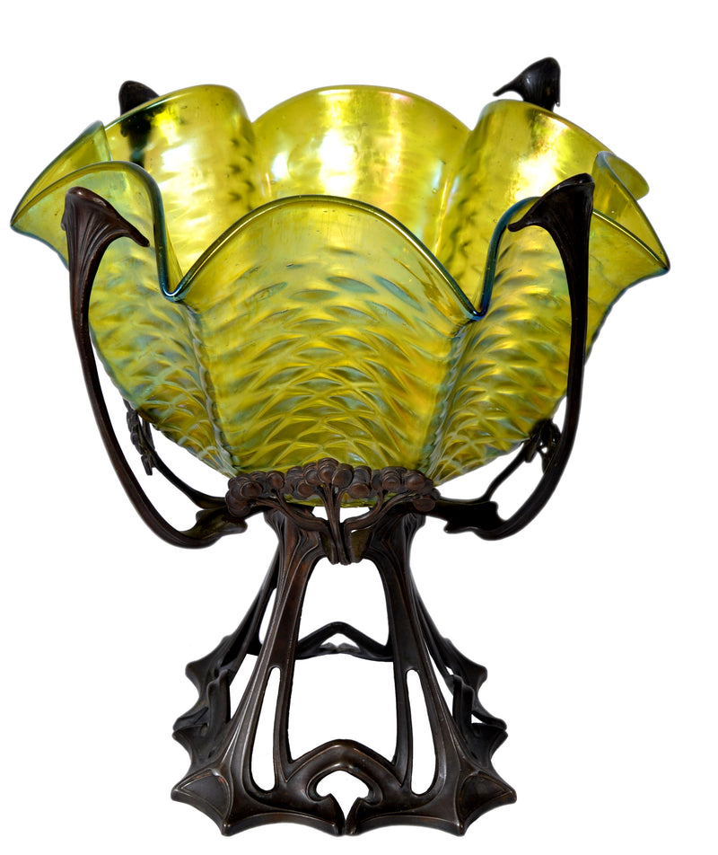 Antique Large Austrian Art Nouveau Loetz Iridescent Glass Bowl on Bronze Stand, circa 1900