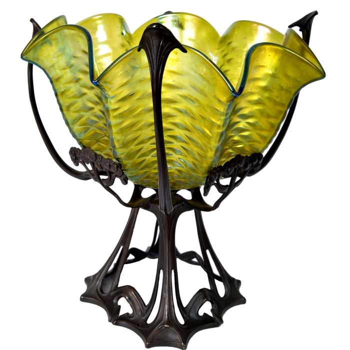 Antique Large Austrian Art Nouveau Loetz Iridescent Glass Bowl on Bronze Stand, circa 1900