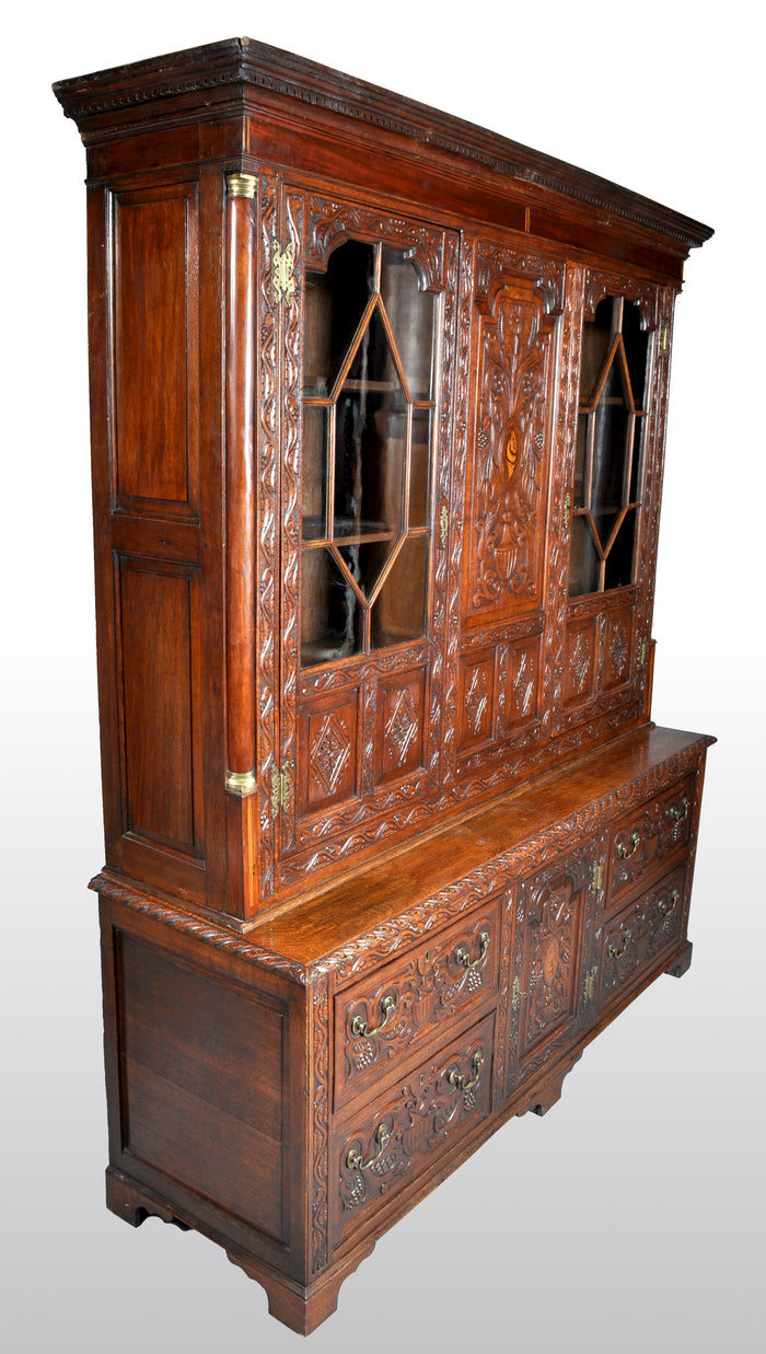 Antique English Georgian Carved Oak Bookcase / Cupboard / Dresser, circa 1750