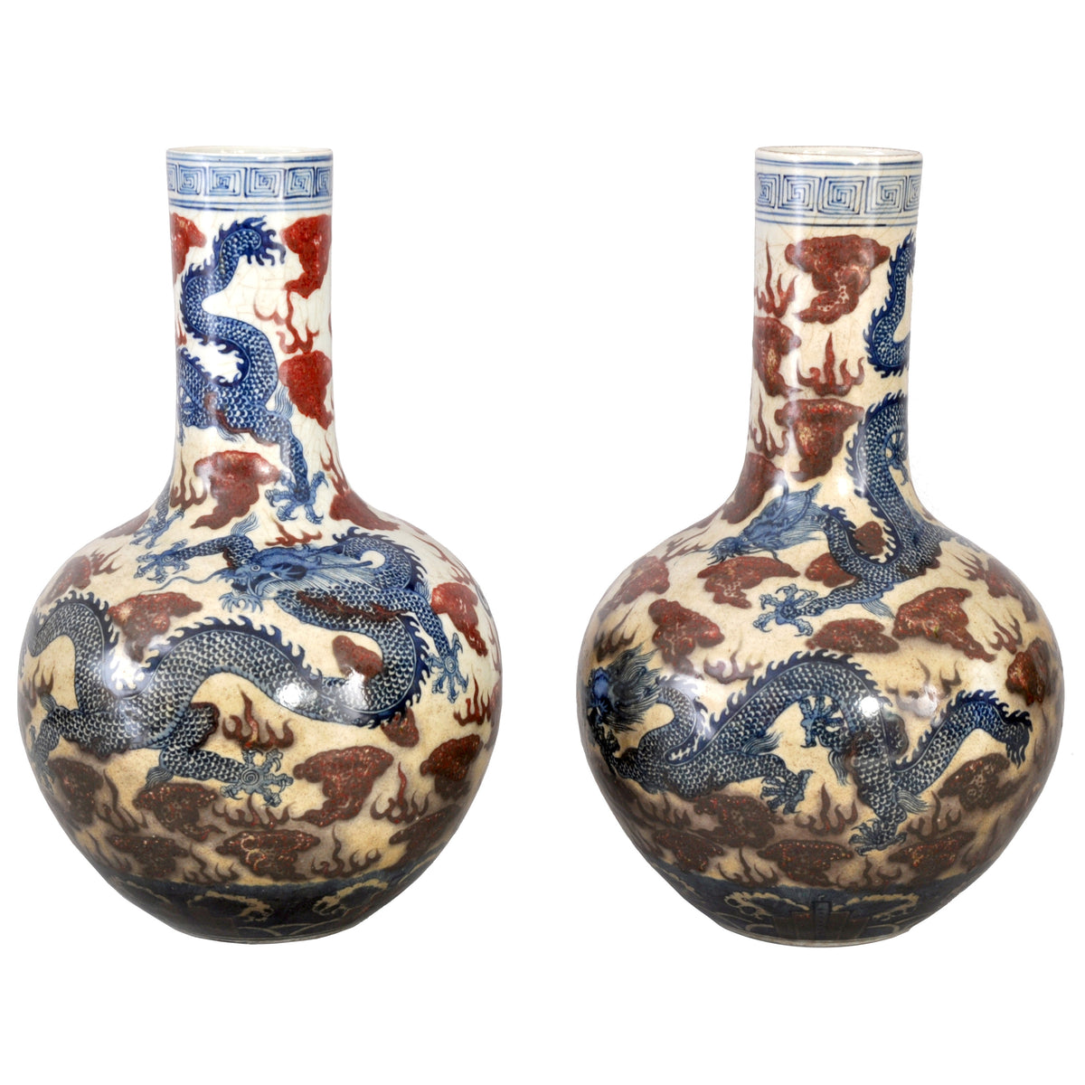 Pair of Large Antique Chinese Qing Dynasty Porcelain Blue & White Dragon Vases, circa 1880