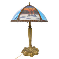 Antique American Art Nouveau Reverse Painted Landscape Table Lamp, circa 1910